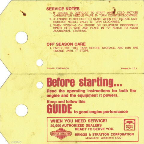 Briggs & Stratton Engine Maintenance Card