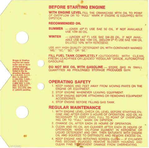Briggs & Stratton Engine Maintenance Card - Side 2